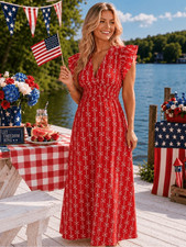 Sail to Sable Red and White Bow Print Flutter Sleeve Cotton Maxi Dress XL NWT