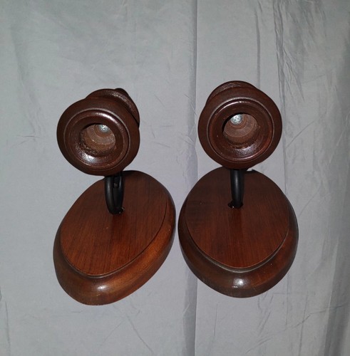 2 Vintage MCM Homco Wood Sconses w/Black Metal Wrought Iron For Tapered Candle - Picture 2 of 7