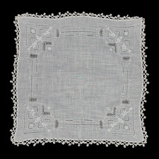 Vintage Embroidered White Linen Handkerchief Drawnwork and Lace Border