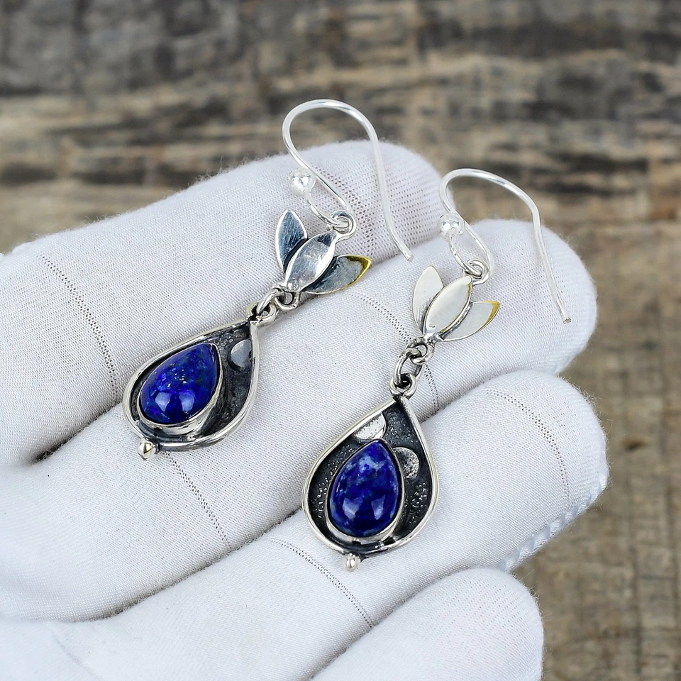 Naturale Lapislazzuli Gemma Orecchini 925 Argento Sterling Fatto a Mano Gioielli - Immagine 4 di 4