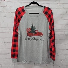 Merry Christmas Red Truck Christmas Tree Presents Plaid Sleeves Women’s Size 2x
