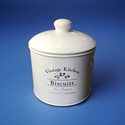 VINTAGE KITCHEN BISCUITS SEA BREEZE Metal Enamelware Canister Cookie Jar White