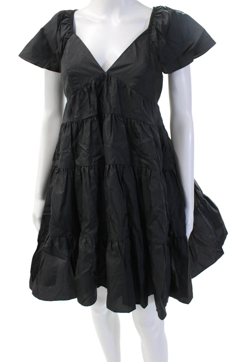 Staud Womens Trapeze Swing Black V Neck Knee Length Short Sleeve Dress Size SFree Shipping in US $100+ Orders | $6.95 Orders Below