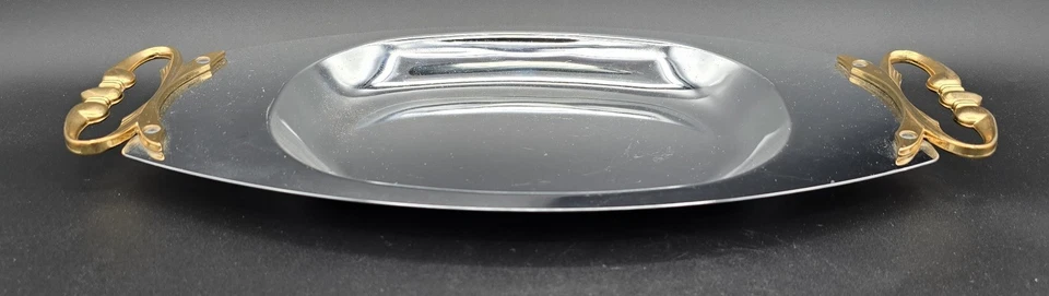 2 lot Vintage Kromex Serving Party Tray Platter Dishes MCM Brass Handles - Image 4 of 4