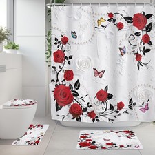 Red Rose 4Pcs Bathroom Shower Curtain Sets Non-Slip Rugs Bath Mat Cover U Sha...