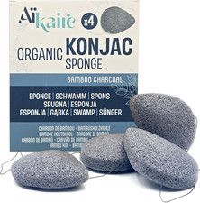 Eponge De Konjac Bio Pour Le Visage Associé Au Charbon Actif | Lot De 4 Éponges