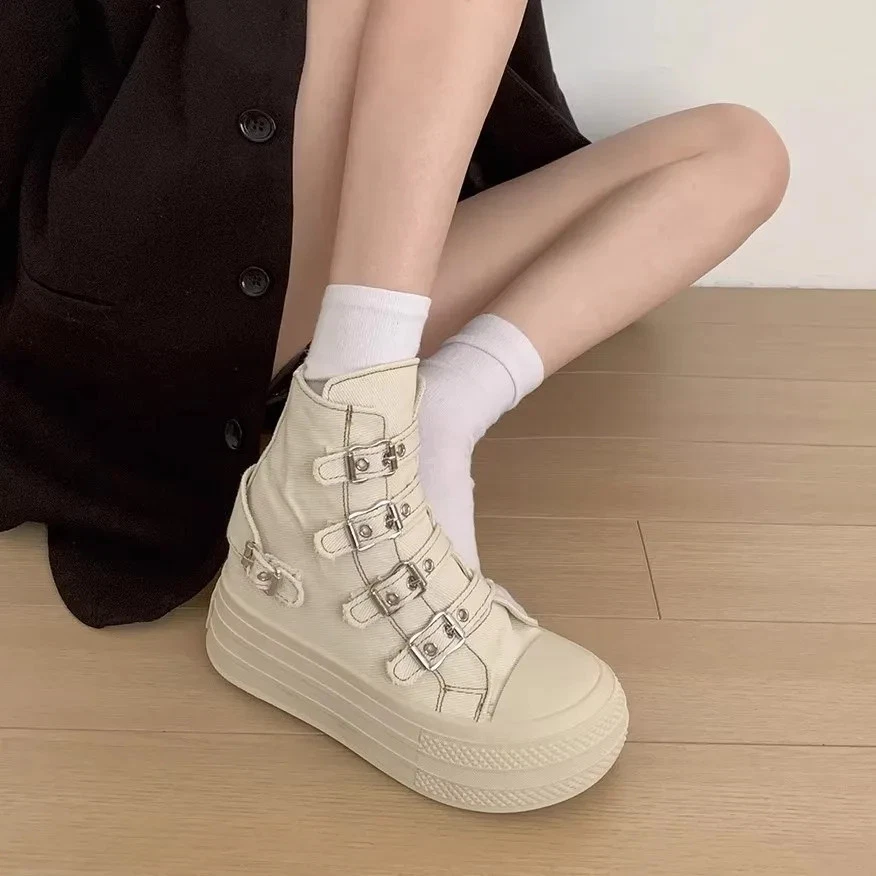  Women High Top Canvas Shoes Buckle Strap Zip Walking High Street Grace Boots - Image 3 of 4
