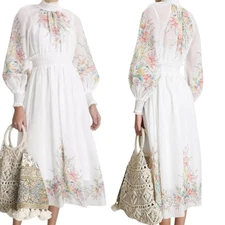 Zimmermann Zinnea Dress Size 3 AU 14 / US 10 White Ramie Floral Long Sleeve Midi