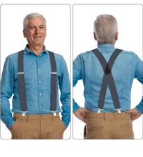 2  Men's Heavy Duty Gray Suspenders with Strong Clips, Adjustable X-Back, New