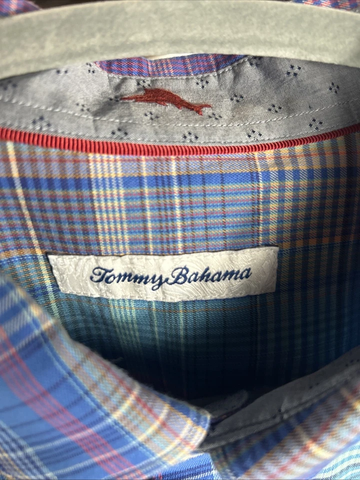 Camisa Tommy Bahama Para Hombres XL Azul A Cuadros Seda Algodón Abotonada Manga Larga Oficina Foto 2 de 4