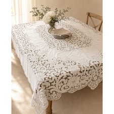Vintage Large Lace Cutwork Floral Rectangular Tablecloth Cream Off White 100x64