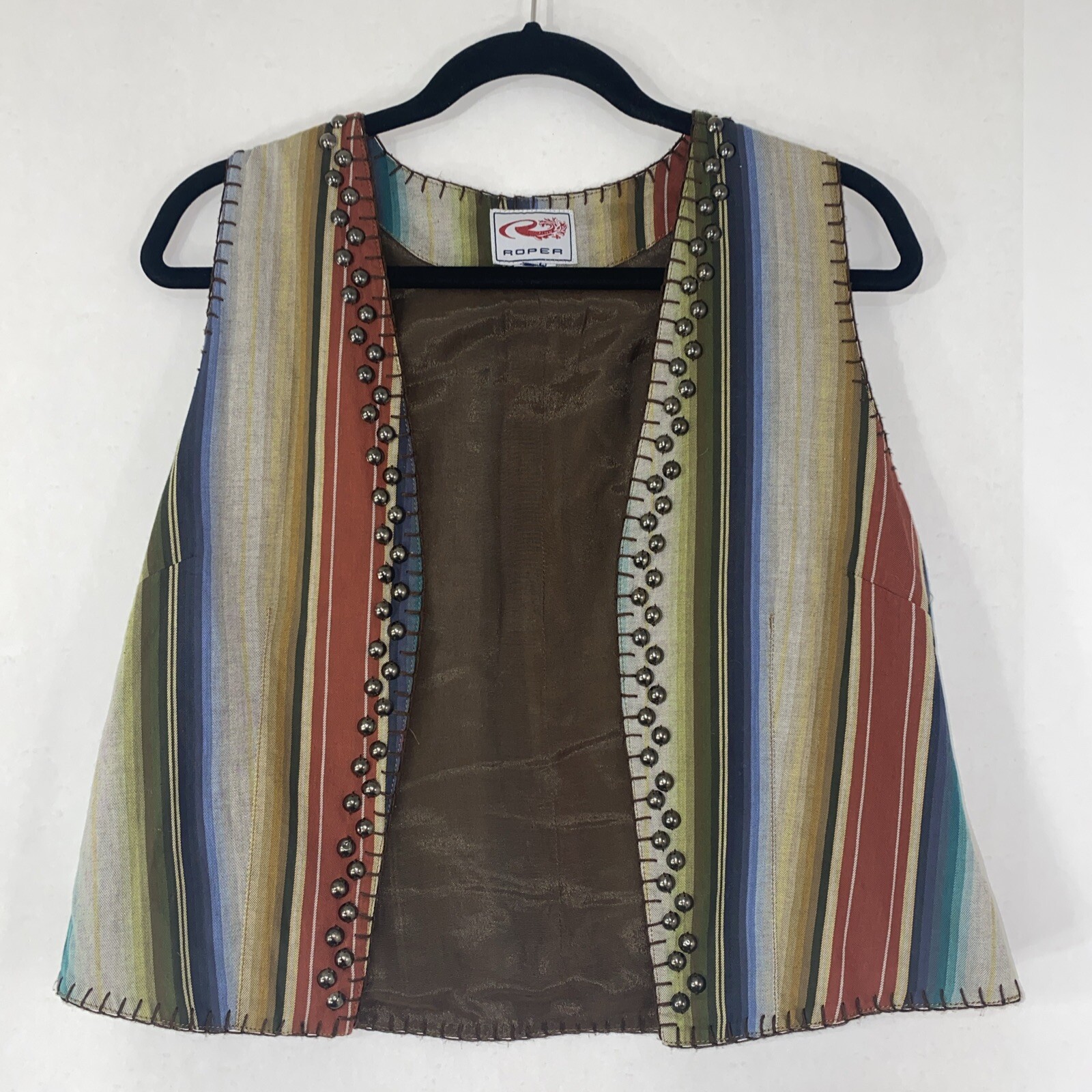Vintage Studded Multicolor Striped Western Cowgirl Vest for Women Size Lg Lined-image