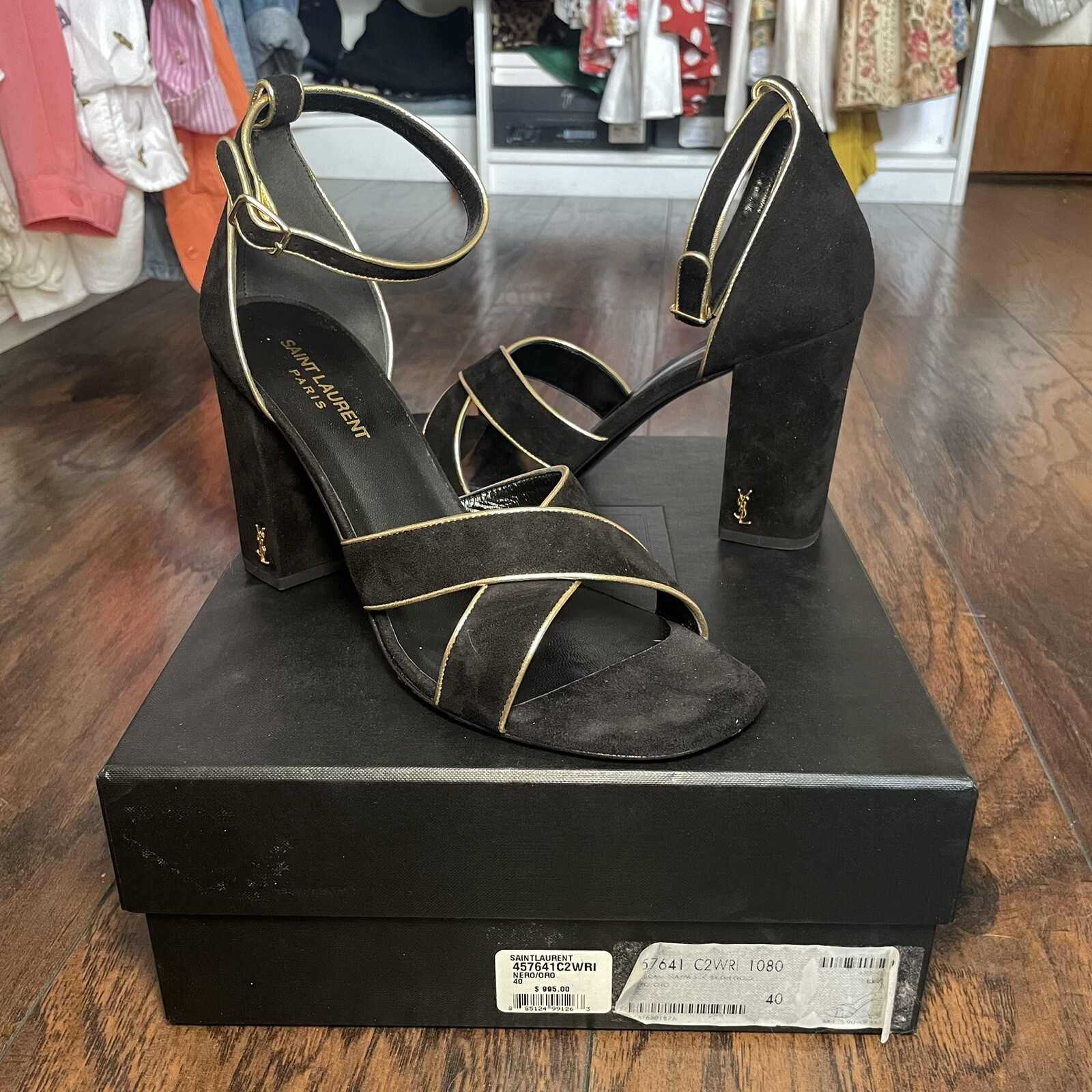 Saint Laurent YSL Neonato Cinturino alla Caviglia Tacchi 40 Nero Oro