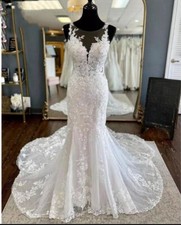 Elegant Mermaid Beach Wedding Dresses Scoop Neck Lace Applique Goown Sweep Train