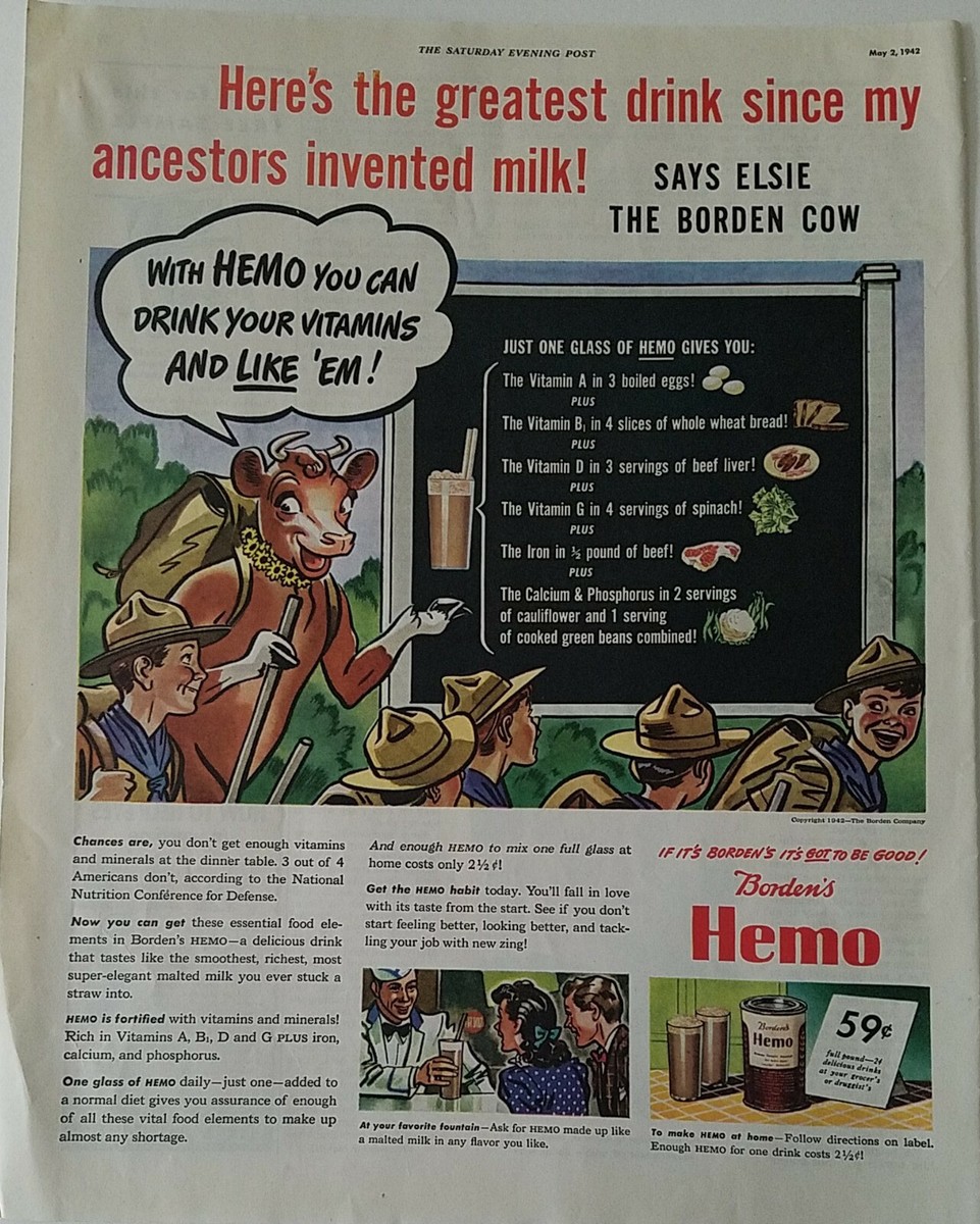 1942 Borden's Hemo vitamins milk drink Elsie cow boy scouts