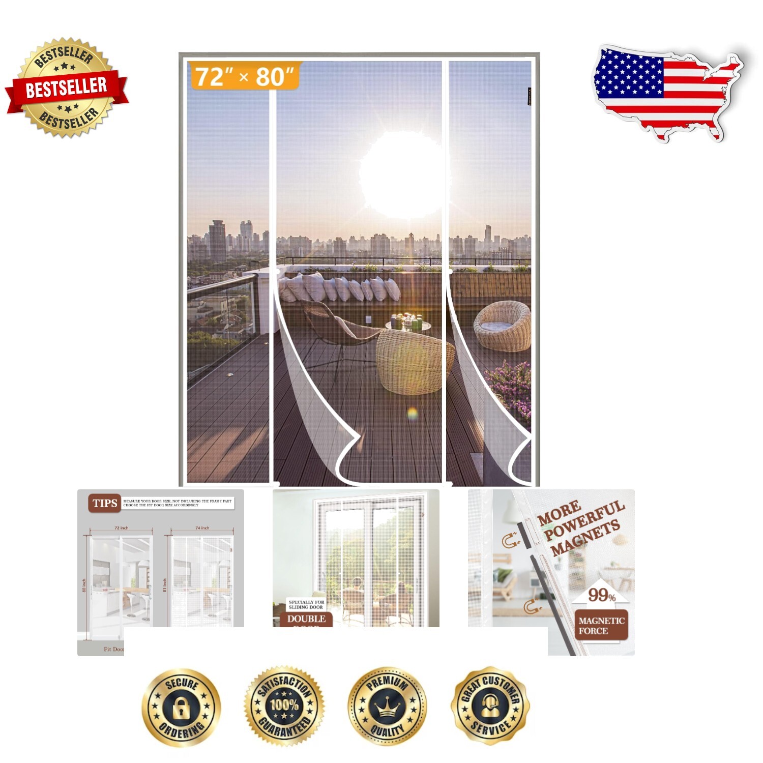 Windproof Magnetic Screen for Sliding Doors - Easy Install, 72 x 80 Inch