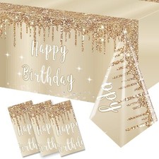 3 Packs Gold Happy Birthday Tablecloths Decorations for Women Girls White Gol...