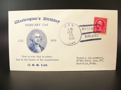 USS LARK AM-21 MINE SWEEPER 1935 WASHINGTON'S BIRTHDAY CACHET FDC COVER 