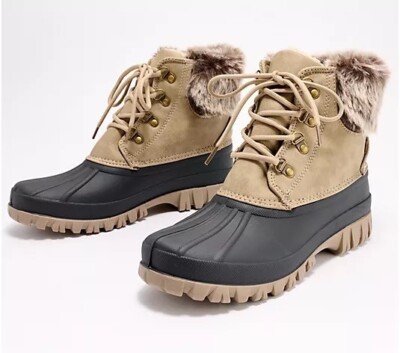 New Lamo Women's Waterproof Faux Rabbit Round Toe Lace Up Boots Size 8 M Taupe