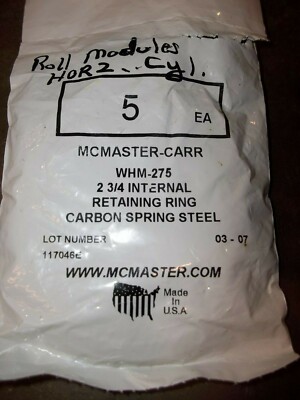 LOT OF 5 MCMASTER-CARR WHM-75 INTERNAL RETAINING RINGS 2-3/4'' (242-3)