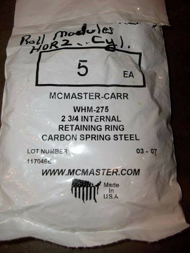 LOT OF 5 MCMASTER-CARR WHM-75 INTERNAL RETAINING RINGS 2-3/4" (242-3)