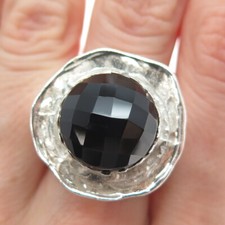 925 Sterling Silver Vintage Real Black Onyx Modernist Hammered Ring Size 8.25