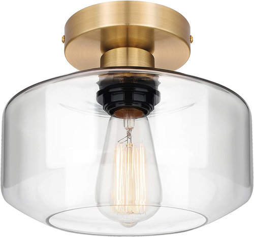 Industrial Semi Flush Mount Ceiling Light Gold, Clear Glass Pendant Lamp Shade, - Picture 11 of 12