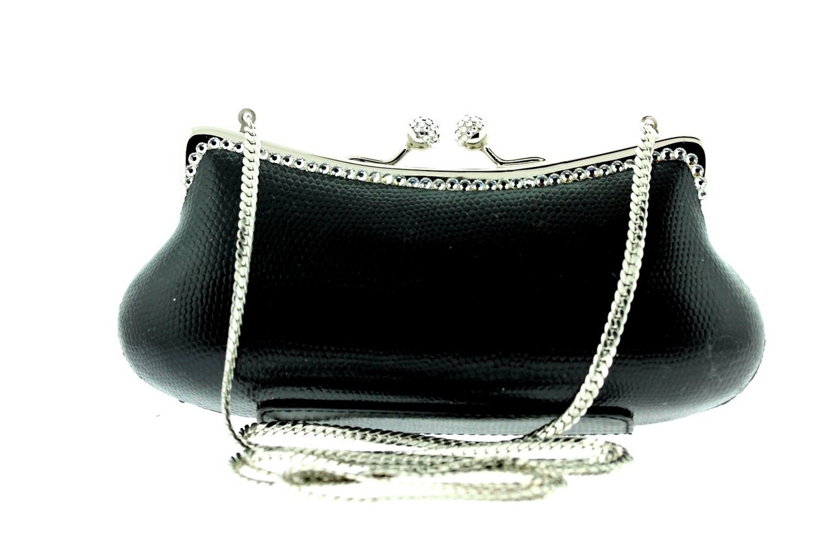 クラッチバッグ Black Leather Swarovski Crystal Clutch Black Leather Evening Bag Crystallized Swarovski Crystals