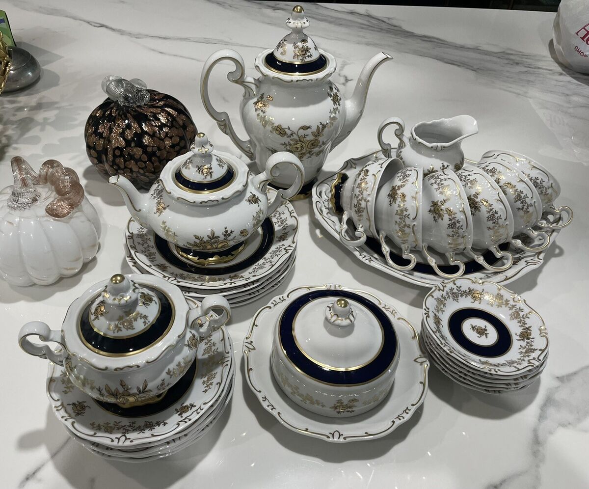 Antique Vintage Weimar Porcelain Tea/ Coffee Set. White/Blue Antique Vintage Weimar Porcelain Tea/ Coffee Set. White/Blue