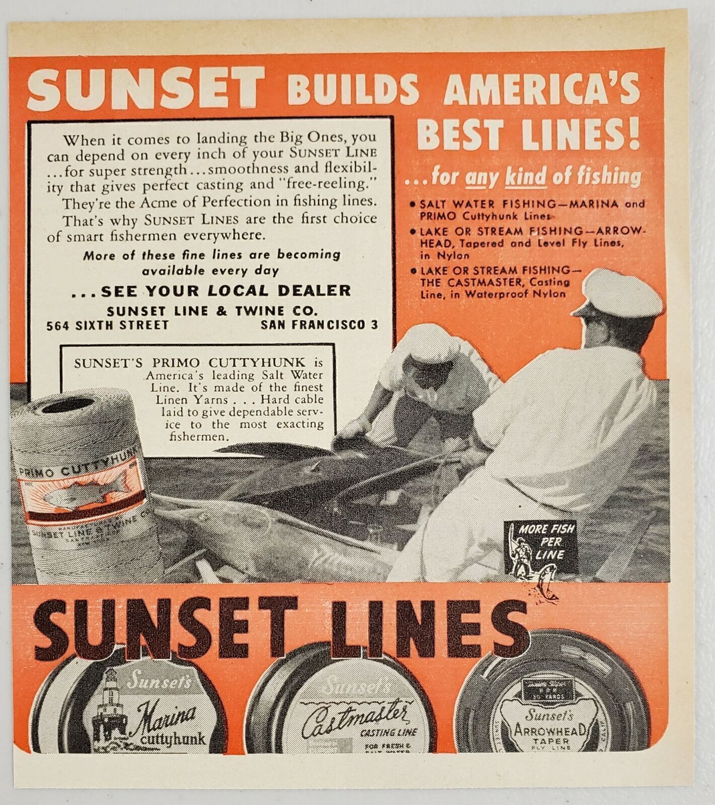 1946 Print Ad Sunset Primo Cuttyhunk Saltwater Fishing Lines San Francisco,CA