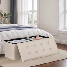 43 Inches Folding Storage Ottoman Bench Storage Chest Footrest wi/ Divider Beige