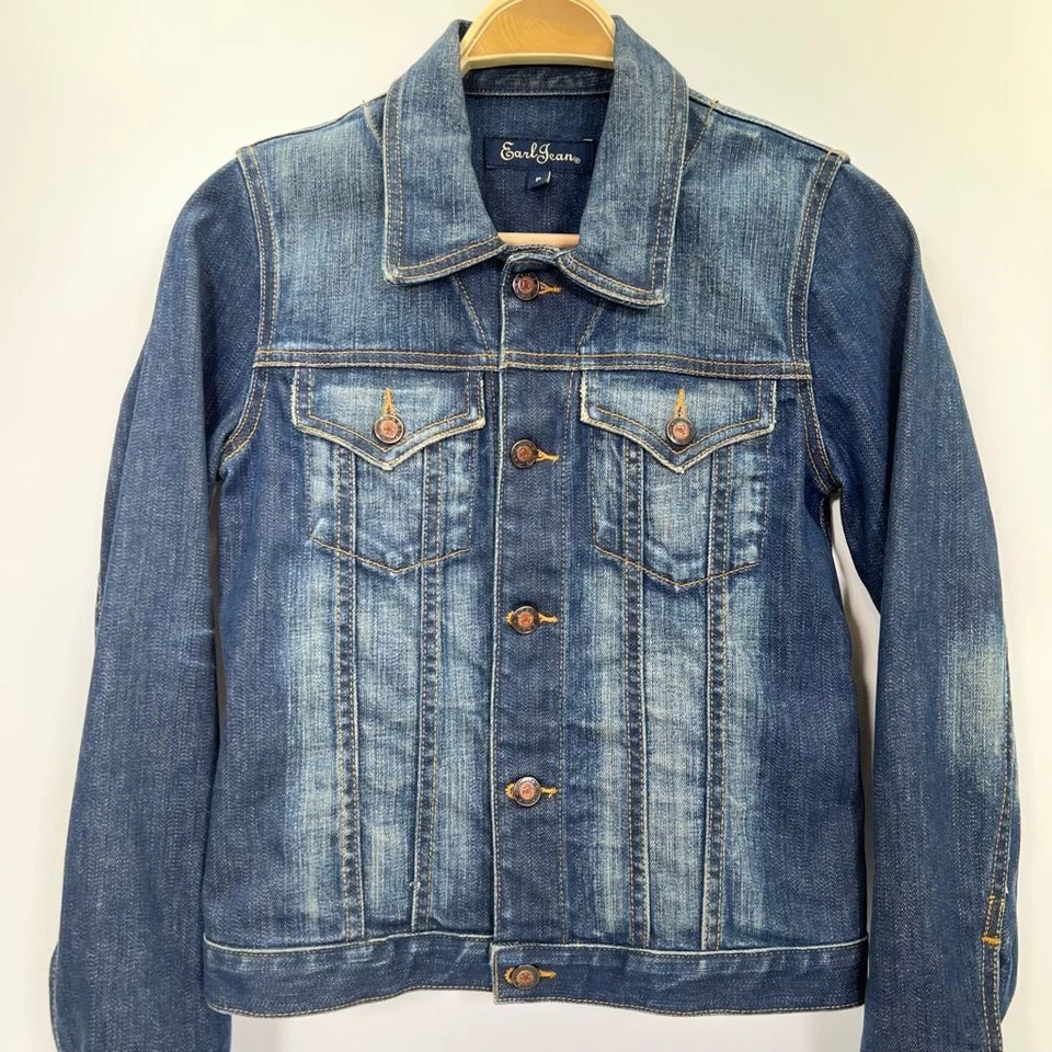 Chaqueta vaquera Earl Jean para mujer azul hasta la cintura botón solapa bolsillos cuello EE. UU. S Foto 3 de 4