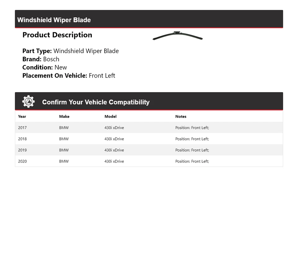 Limpiaparabrisas delantero izquierdo 2018 para BMW 430i xDrive Bosch ICON 2017-2020 Foto 2 de 4
