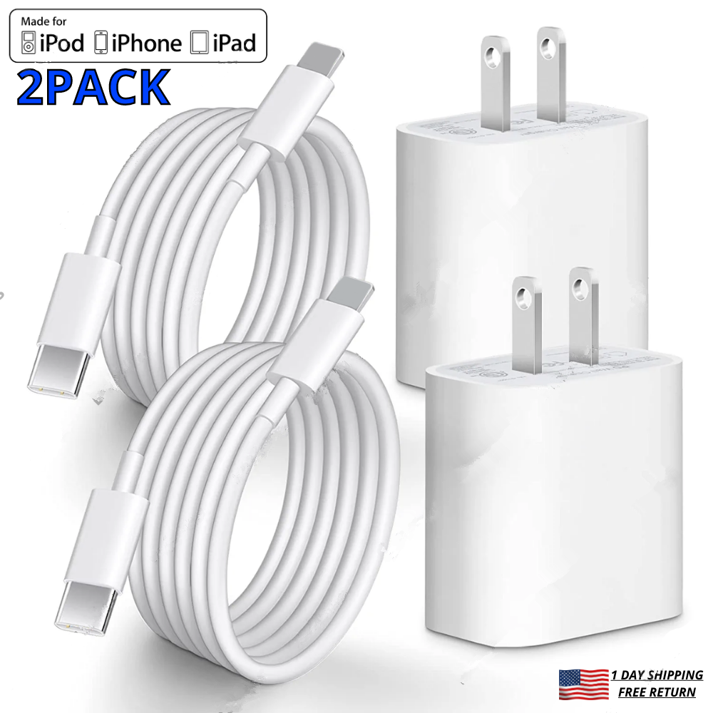 For iPhone 14 13 12 11 XR 8 20W US Plug Fast Charger USB-C Wall Adapter PD Cable