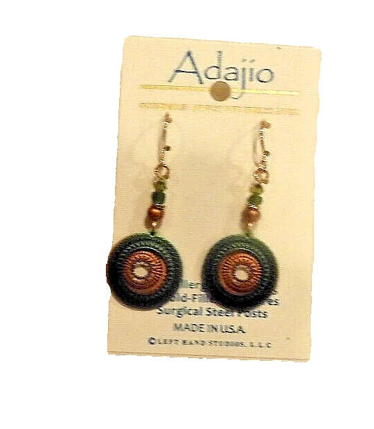 Adajio 2 Part Olive and Copper Etched Disc Fashion Earrings 7371 Beads Jewelry - Image 2 of 4