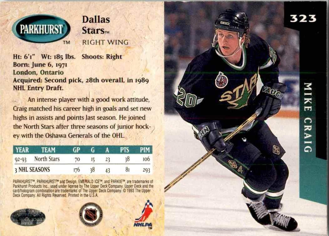1993-94 PARKHURST MIKE CRAIG DALLAS STARS #323 | eBay
