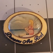 Vintage Pin - Dreams Are Real Enamel Pin Or Pendant Girl On Beach Oval 1.25"