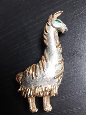 Vintage Rare Kenneth Jay Lane  Llama Brooch Pin Gold Tone Silver-tone Green Eye