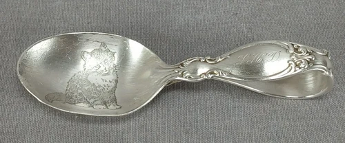 Antique Reed & Barton Sterling Silver Louis XIV Engraved Cat Kitten Baby Spoon