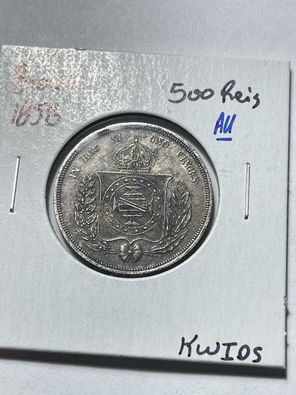 1858 Brazil Silver Five Hundred 500 Reis Nice AU Condition 