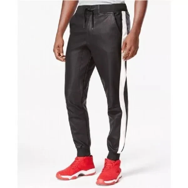 Men's Leather Genuine Lambskin Pant With White Striped Biker Leather Pant