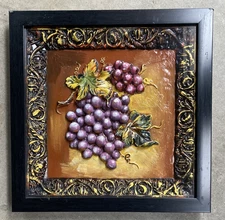 3D GRAPES WALL ART - TEXTURED STILL LIFE FRUITS IN ORNATE BLACK & GOLD FRAME