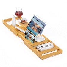 Luxury Bamboo Bathtub Tray Expandable Wooden Caddy Organizer with Book Table