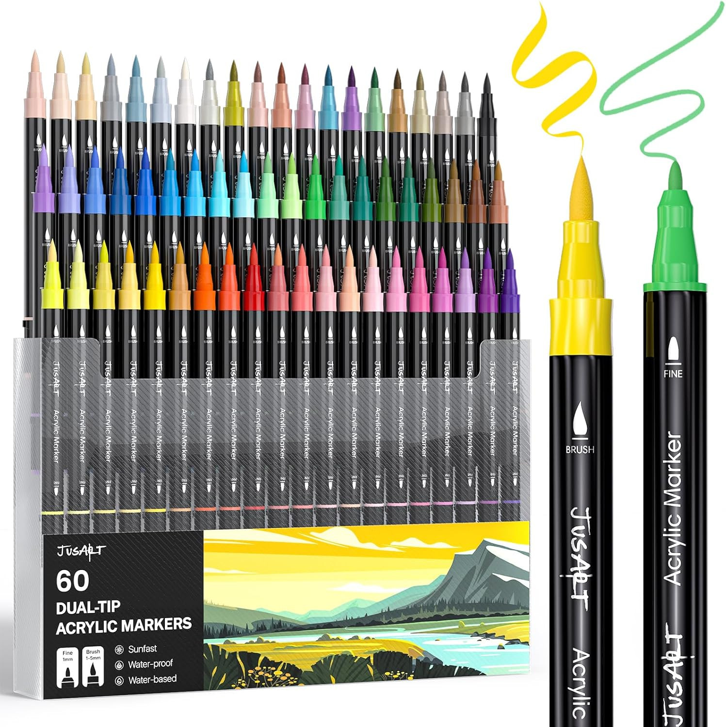 60 Colors Dual Tip Acrylic Paint Pens Markers, Brush and Fin