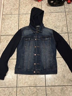21 Men Denim Jacket With Hoodie Dark Blue Xs