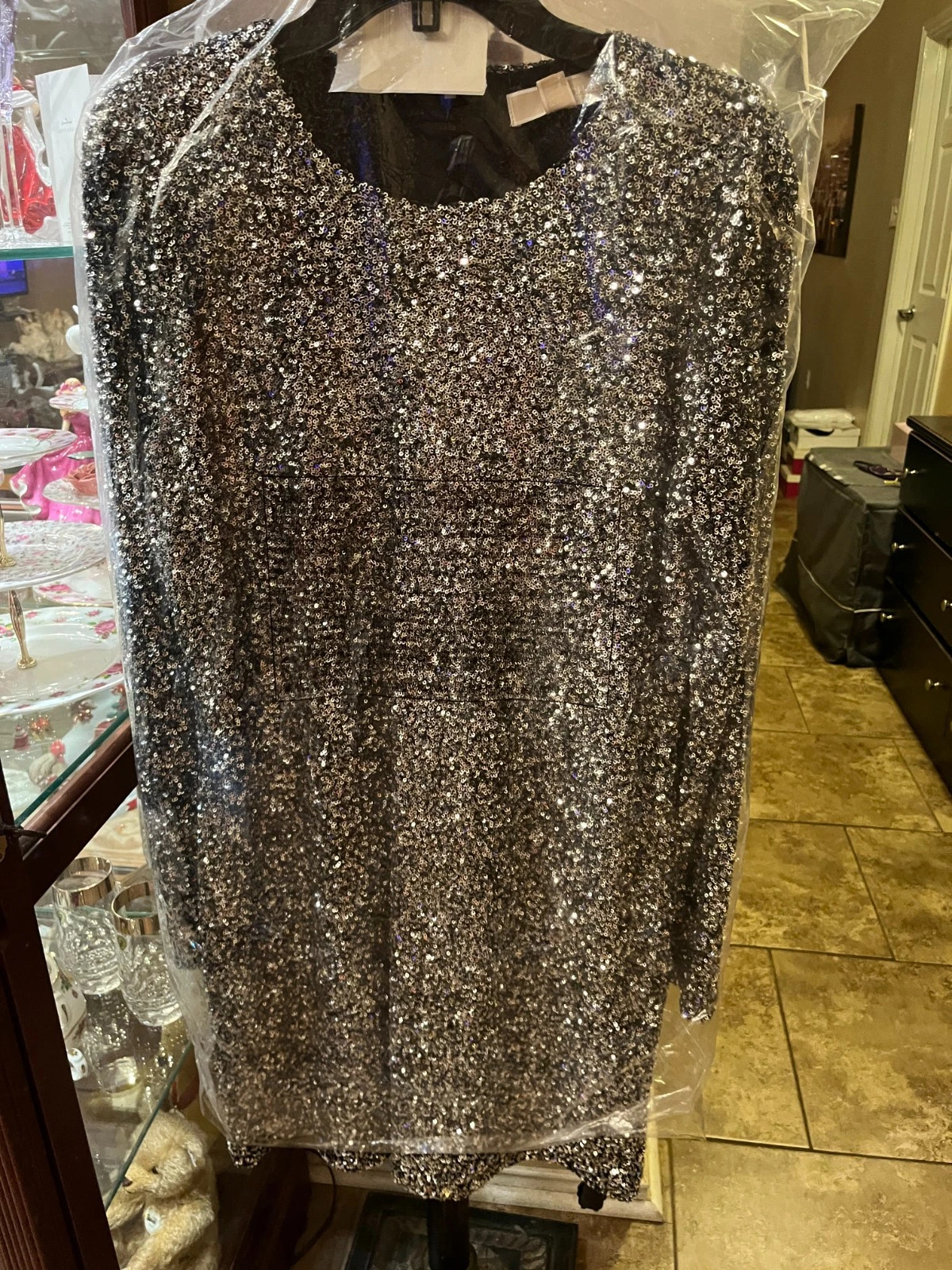 Abito Michael Kors Piombo Argento Nero Paillettes Cambio Taglia XL