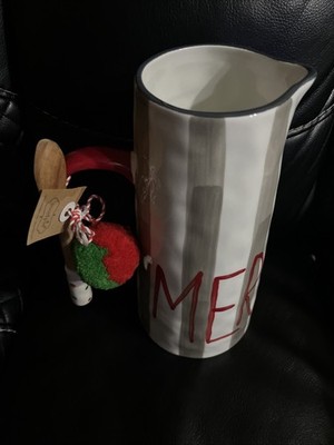 Mud Pie ''Merry'' ceramic pitcher set with a hand-painted gray and white 12 tall