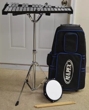 USED MAPEX  32 NOTE BELLS WITH STAND, PRACTICE PAD AND ROLLING BAG