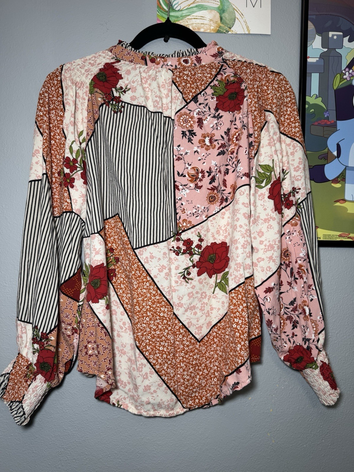 Fate Patchwork boho Mixed Print Blouse Bubble Sle… - image 2