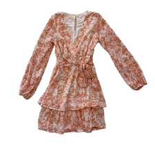 Forever 21 Long Sleeve Spring Floral Dress Orange Tiered Mini Skirt Size Small
